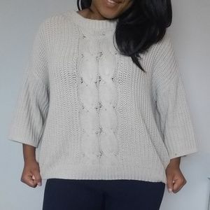 Oversized Chunky Cable Knit Sweater, 3/4 length sleeve - Cream, Neutral